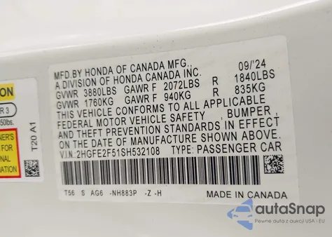 2025 Honda Civic Sport from USA, damaged, VIN 2HGFE2F51SH532108